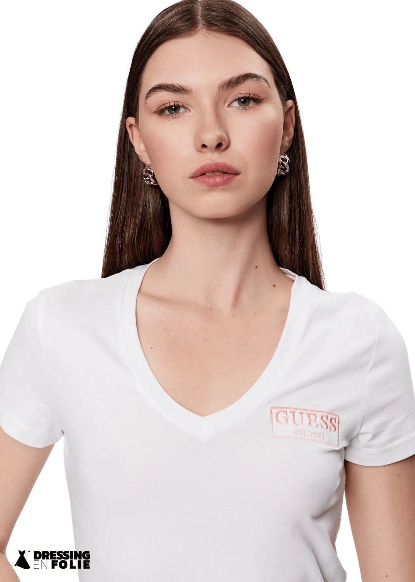 T-shirt coton col V Blanc - Guess Femme