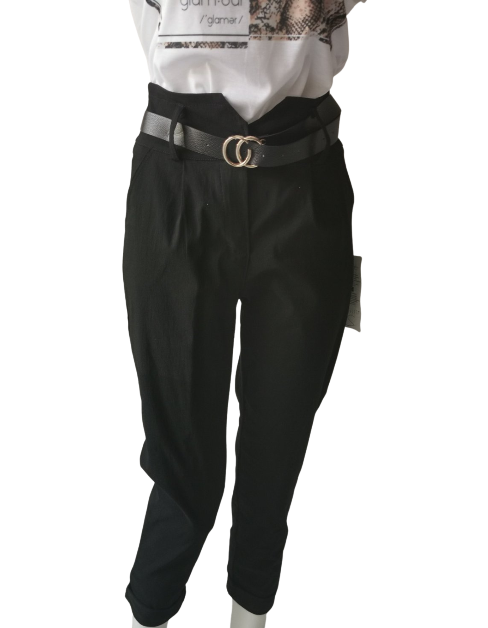 Pantalon unie toile noir avec ceinture
